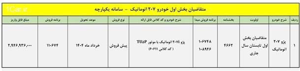 طرح جدید پیش فروش پژو 207 اتوماتیک (آبان 1403)